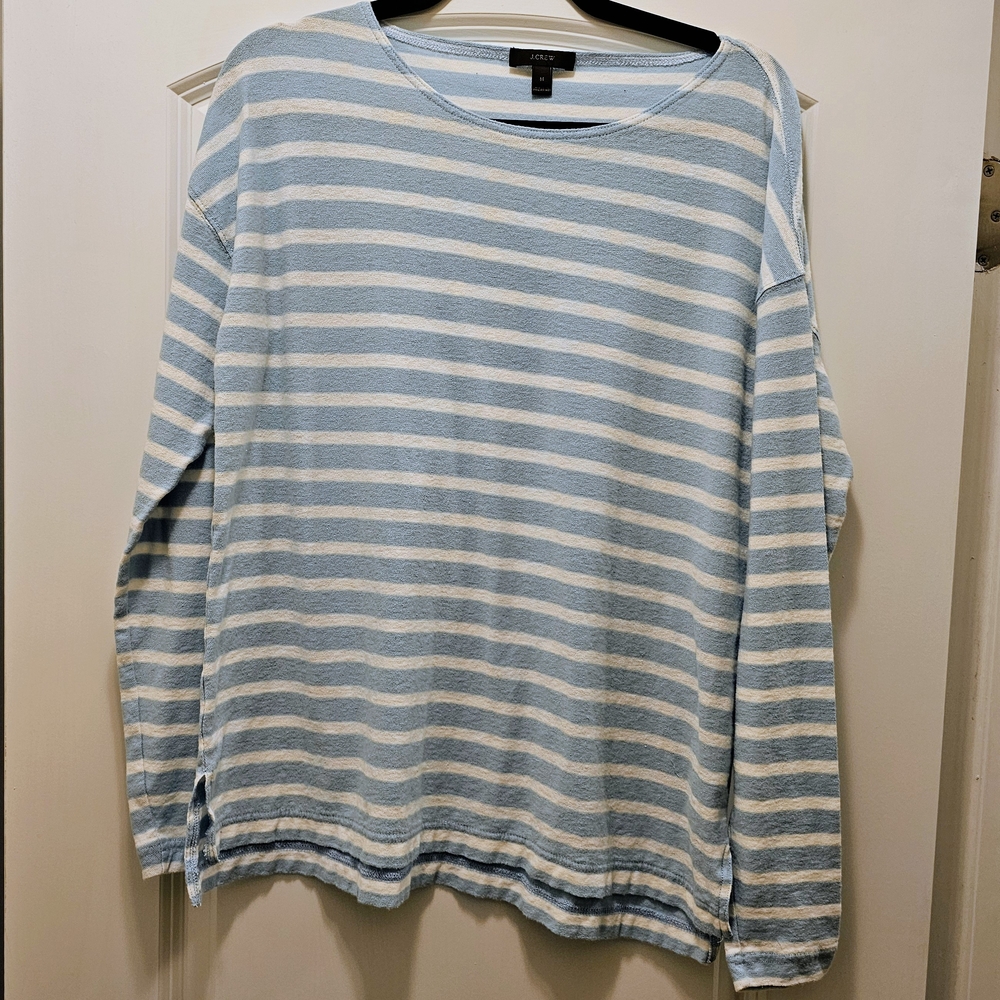 J.Crew Breton Stripe Boatneck Top M Blue Ivory 100% Cotton Coastal - Picture 3 of 7